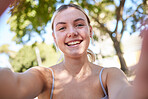 Selfie, park and portrait of woman in summer enjoying holiday, vacation and weekend in nature. Freedom, happy lifestyle and face of girl taking photo outdoors for relaxing, adventure and carefree day