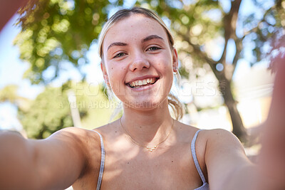 Buy stock photo Selfie, park and portrait of woman in summer enjoying holiday, vacation and weekend in nature. Freedom, happy lifestyle and face of girl taking photo outdoors for relaxing, adventure and carefree day