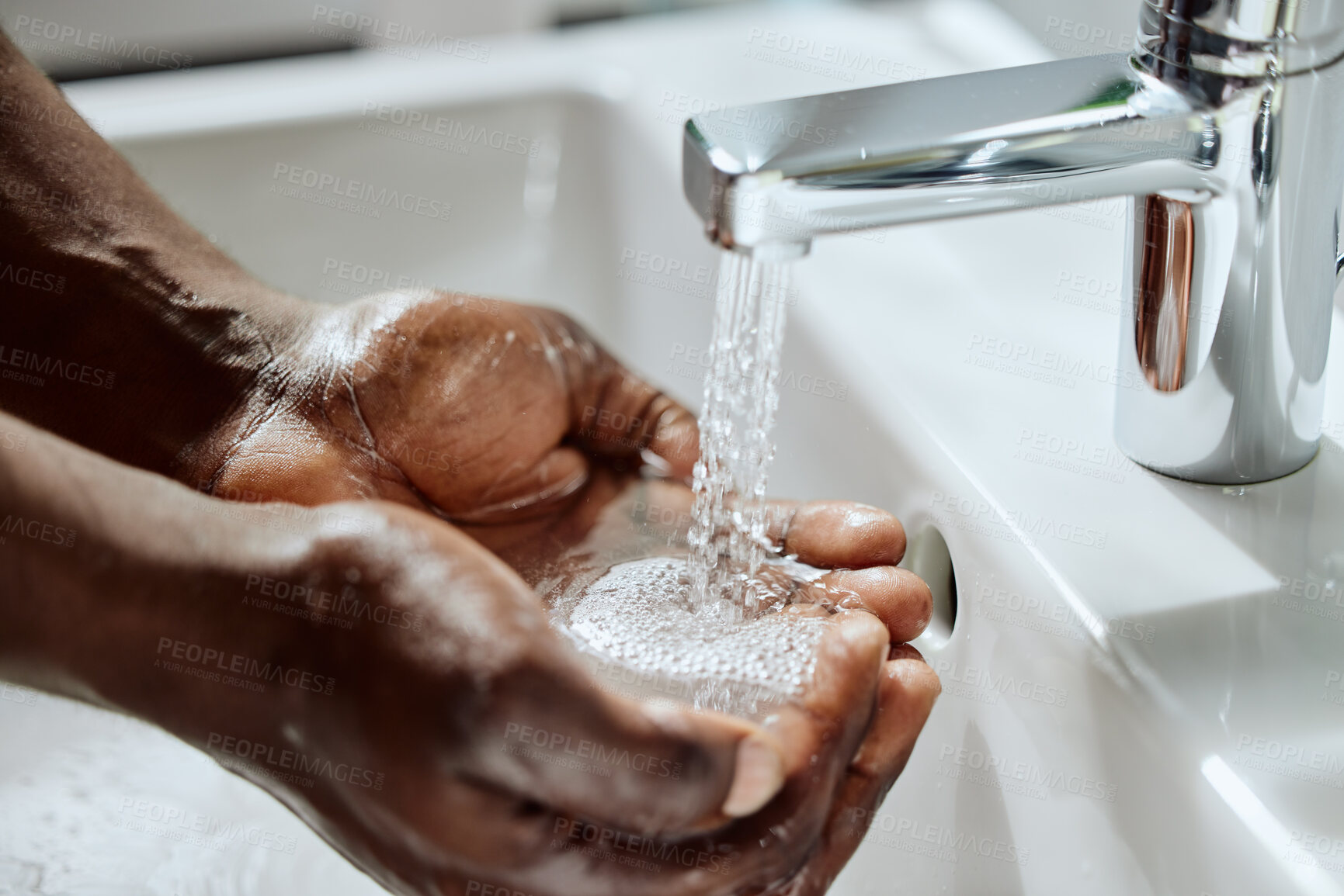 Buy stock photo Black man, house bathroom or washing hands with water for healthcare wellness, hygiene maintenance or home self care. Zoom, wet or sink tap for cleaning, skincare grooming or bacteria safety routine