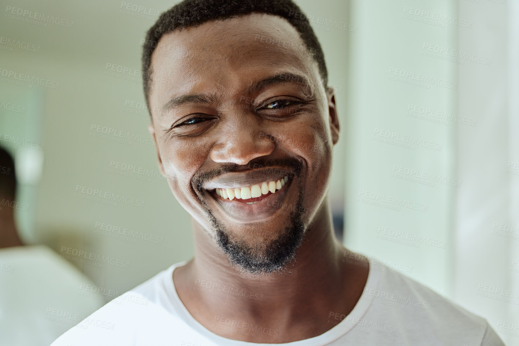 Buy stock photo Portrait, smile and black man on bathroom, home and house for facial skincare in Nigeria. Face of happy guy, morning routine and hygiene for male beauty, self care and cleaning cosmetics in apartment