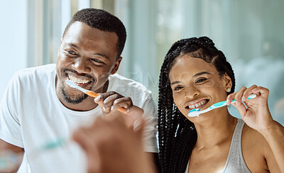 Buy stock photo Black couple, toothbrush and dental wellness in bathroom together for grooming, beauty hygiene and healthcare. African man, woman and happy oral care or brushing teeth for healthy morning routine