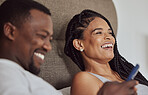 Happy, love and black couple on a smartphone in bed browsing on social media, mobile app or internet. Happiness, cellphone and African man and woman laughing, talking and bonding together in bedroom.