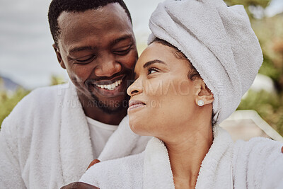 Buy stock photo Spa, wellness and relax with a black couple in a health center or luxury resort for romance and dating. Vitality, rest and relaxation with a man and woman at a resort for a romantic weekend getaway