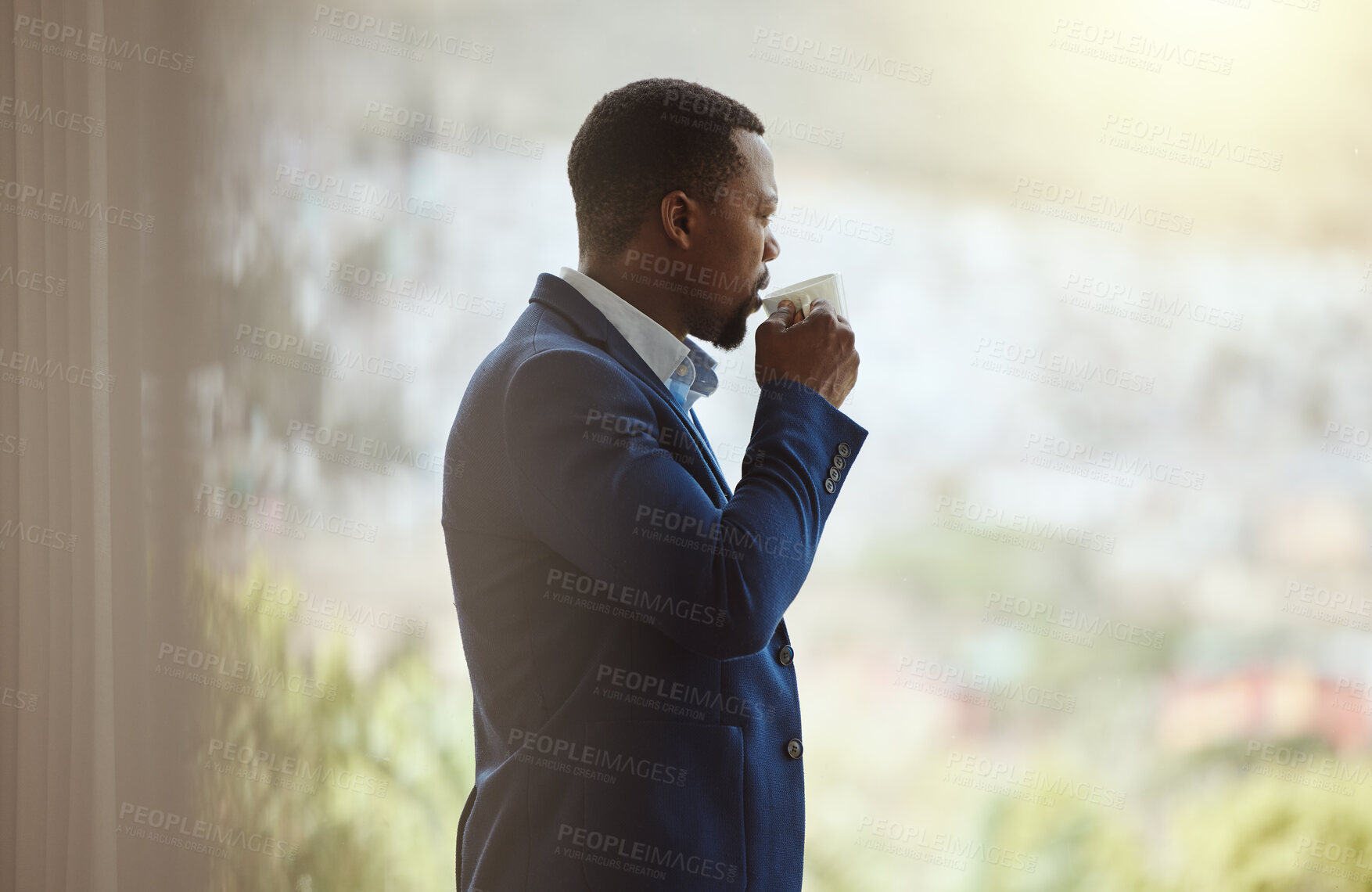 Buy stock photo Thinking businessman, travel or drinking coffee by window in airport lounge, hotel lobby or modern office building. Corporate worker, employee or manager with tea, innovation vision or company ideas