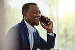 Phone call, communication and negotiation with a business black man talking while working in corporate. Mobile, networking or management with a male CEO feeling happy while chatting on his smartphone