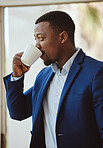 Thinking black businessman, travel or drinking coffee in airport lounge, hotel lobby or modern office building. Corporate worker, employee or manager tea cup, innovation vision or company growth idea