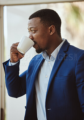 Buy stock photo Thinking, black businessman or drinking coffee in airport lounge, hotel lobby or modern office building. Corporate worker, employee or manager with tea cup, innovation vision or company growth idea
