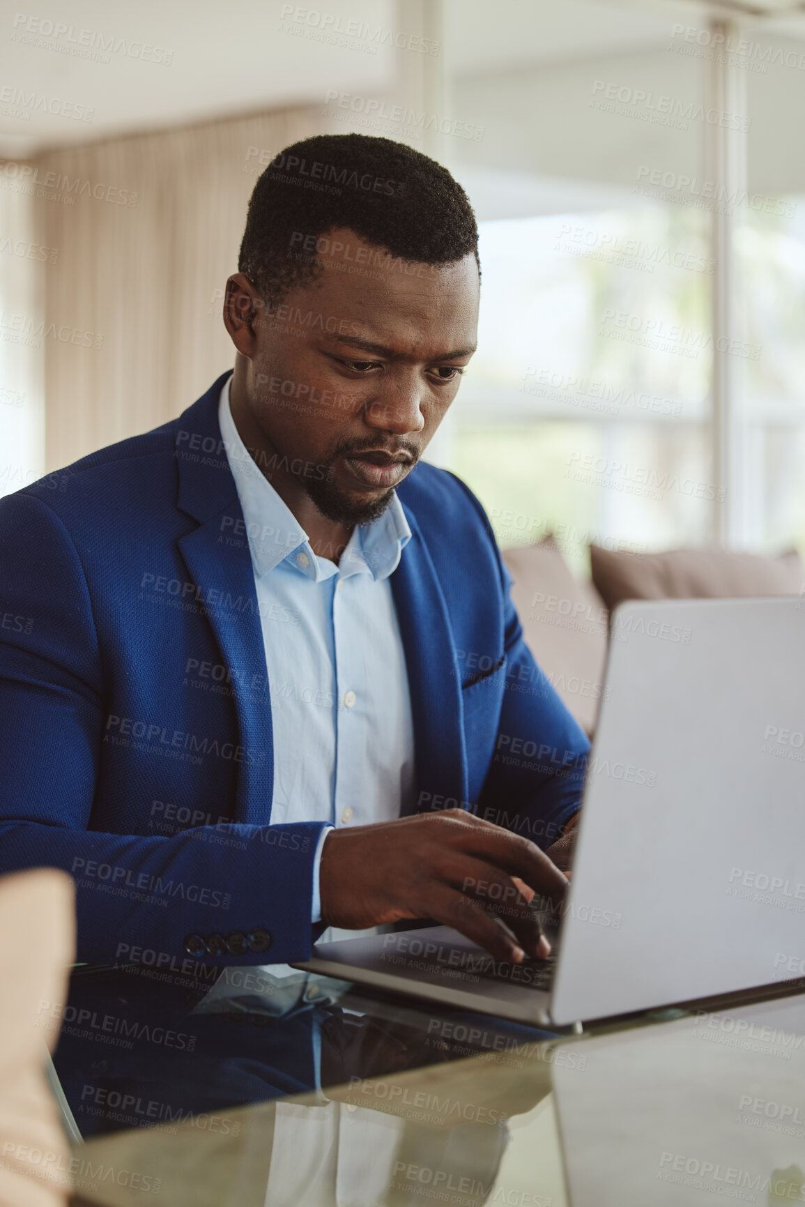 Buy stock photo Laptop research, investment and focus of black man planning wealth, entrepreneur profit and stock market. Corporate, business and rich manager, boss or professional person typing on pc for trading