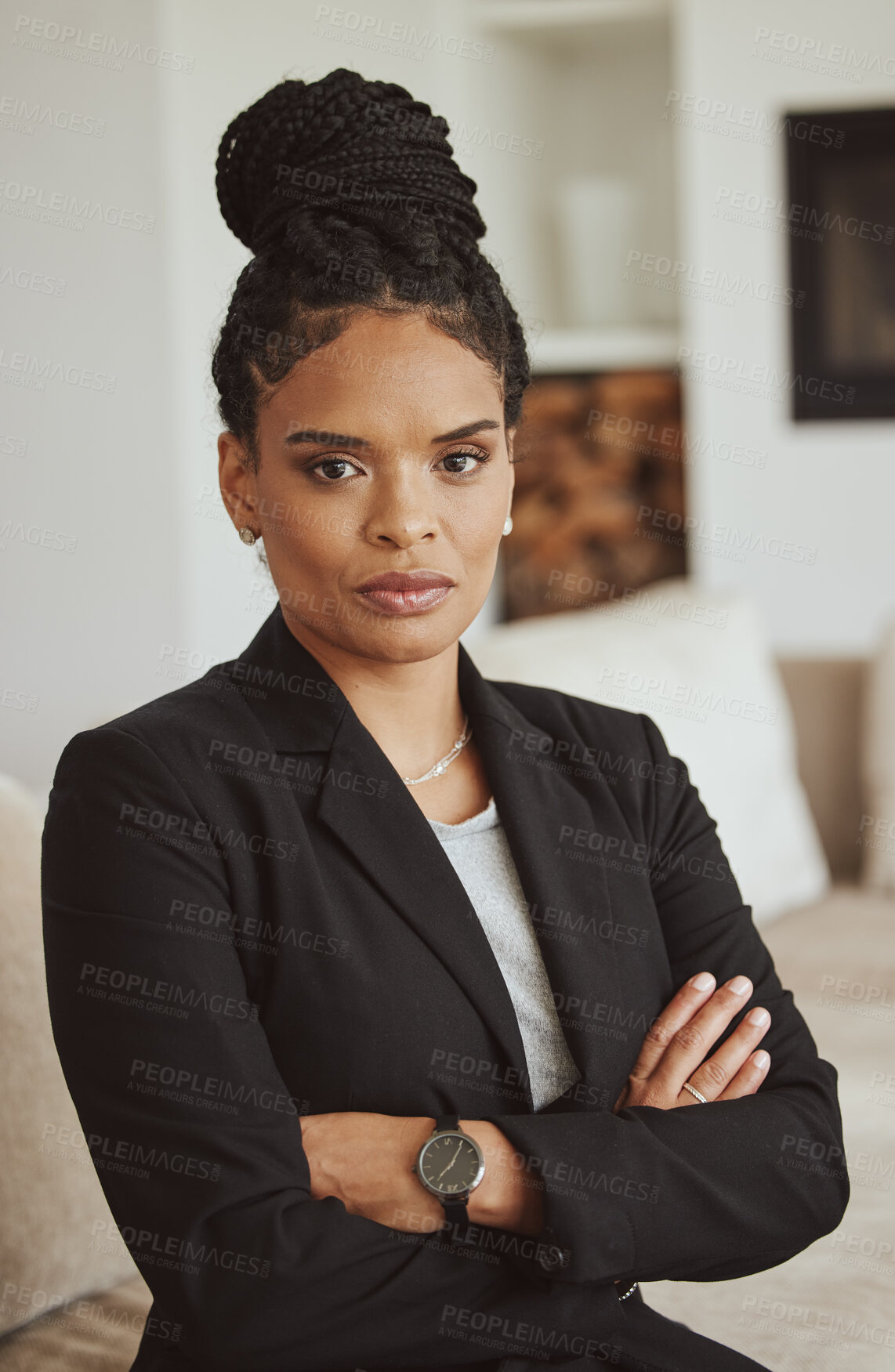 Buy stock photo Portrait, black woman and leader arms crossed, manager and serious look in office. African American female, ceo or entrepreneur for business, employee and corporate deal for company, career or vision