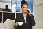 Coffee, phone call or business black woman in b2b networking in office sofa for sales deal or marketing. Corporate, focus or employee for communication mobile tech in planning, innovation or strategy