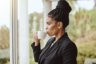 Buy stock photo Thinking, coffee and professional black woman by window preparing or planning mental ideas for meeting. Corporate, smart and African female business manager contemplating while drinking warm beverage