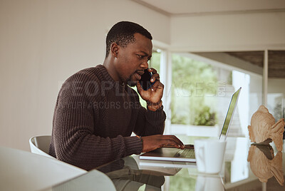 Buy stock photo Phone call, laptop and black man in work from home office for online consulting connection. Freelancer talking on mobile communication, computer and tech consultant on website, internet and planning