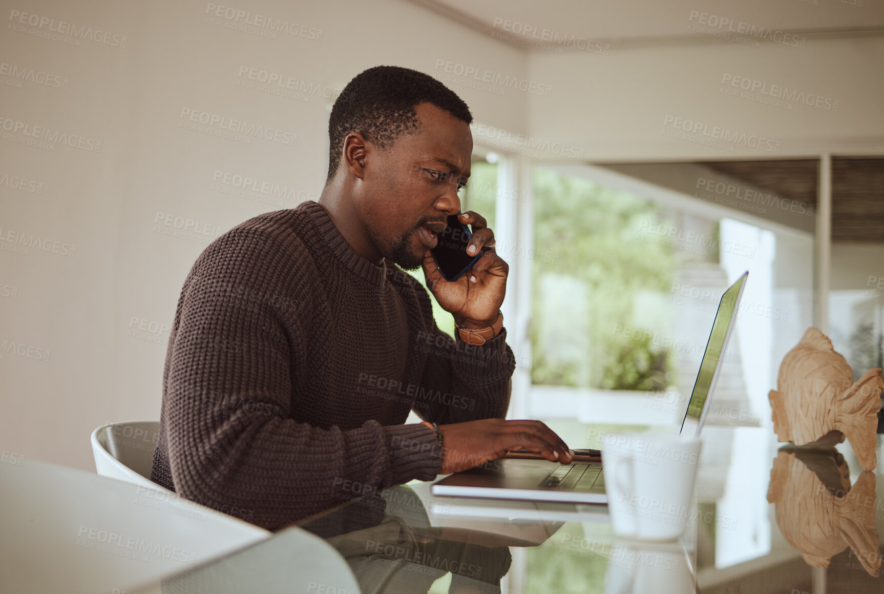 Buy stock photo Phone call, laptop and black man in work from home office for online consulting connection. Freelancer talking on mobile communication, computer and tech consultant on website, internet and planning