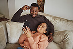 Black couple, phone and lounge couch while using home wifi for streaming internet or communication. Young man and woman talking while at home for social media app, online shopping and to relax