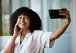 Selfie, beauty and skincare with a black woman taking a picture in the bathroom of her home in the morning. Facial, phone and influencer with an attractive female posing for a social media photograph