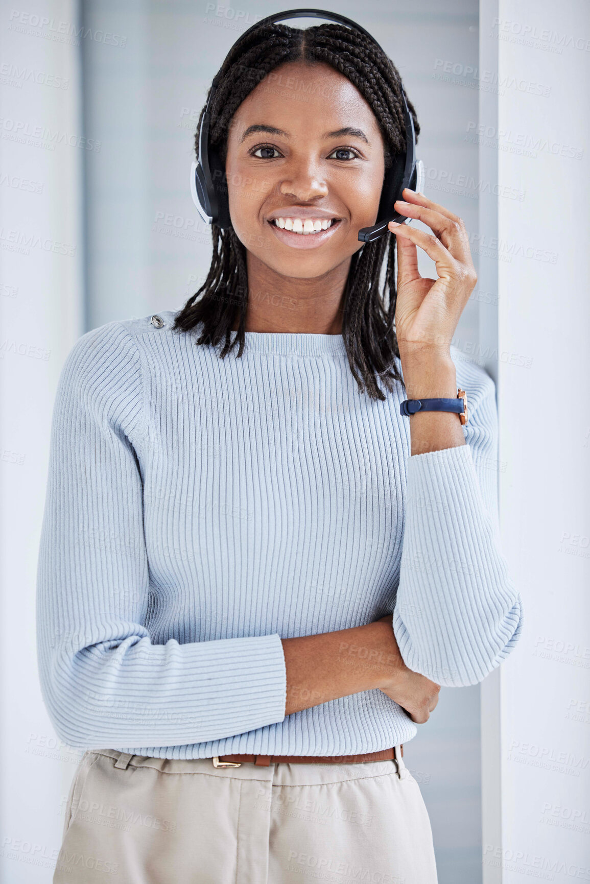 Buy stock photo Black woman, portrait or customer support headset in telemarketing office, call center company or b2b sale business. Smile, happy face or contact us consultant in CRM deal or communication technology