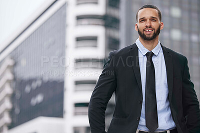 Buy stock photo Portrait, business and man in city, outdoor and corporate manager with smile, suit and career. Latino male, manager or ceo in street, employee and leader with company success, leadership or executive