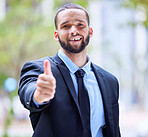 Support, thumbs up and business man in city for leadership, motivation and corporate startup. Manager, success and portrait of male entrepreneur with hand gesture for thank you, agreement and goals