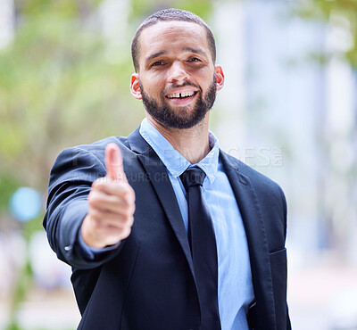 Buy stock photo Support, thumbs up and business man in city for leadership, motivation and corporate startup. Manager, success and portrait of male entrepreneur with hand gesture for thank you, agreement and goals