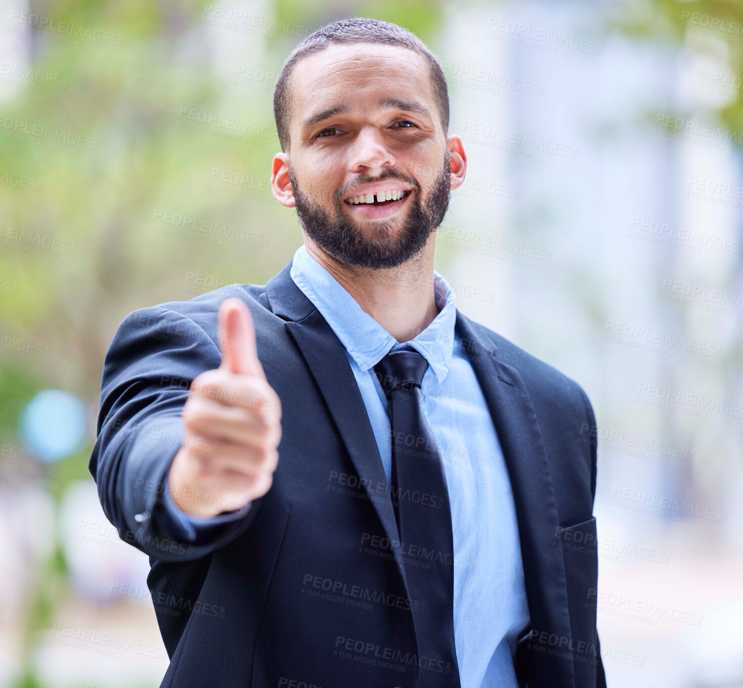 Buy stock photo Support, thumbs up and business man in city for leadership, motivation and corporate startup. Manager, success and portrait of male entrepreneur with hand gesture for thank you, agreement and goals