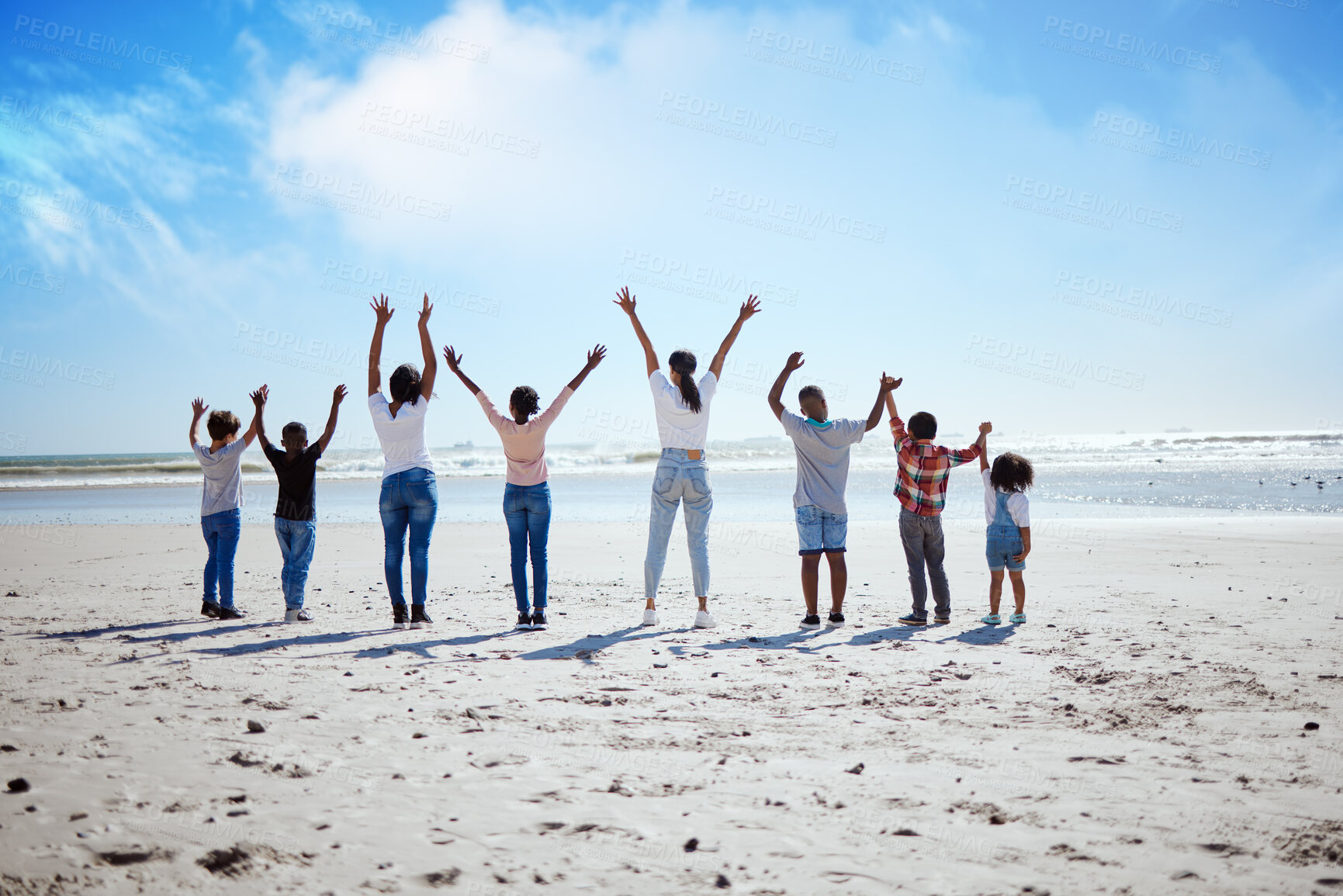 Buy stock photo People on beach, freedom and adventure with holiday by sea, nature and outdoor with summer back view. Vacation, family and travel with tropical paradise, blue sky and sun, wellness and carefree