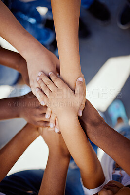 Buy stock photo Hands, together and support, children solidarity and trust, commitment and team motivation top view. Diversity, teamwork and youth group with development, growth and kids community with connection