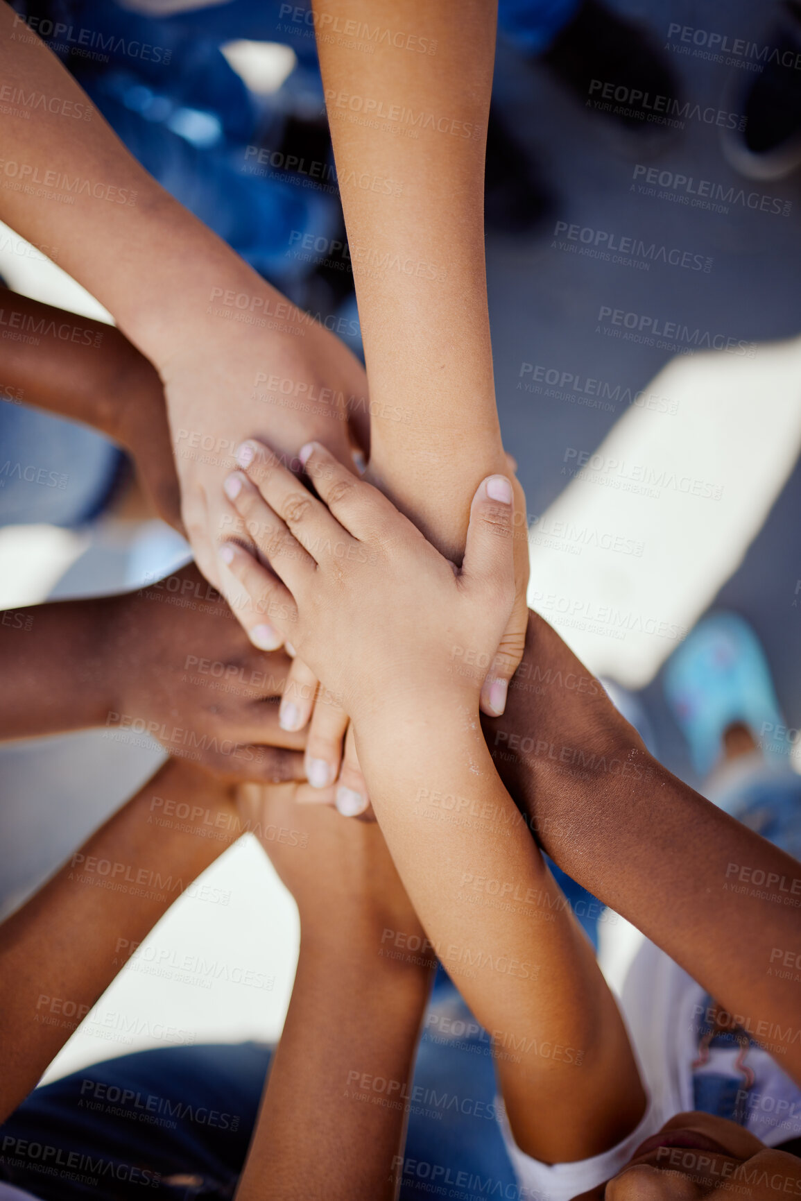 Buy stock photo Hands, together and support, children solidarity and trust, commitment and team motivation top view. Diversity, teamwork and youth group with development, growth and kids community with connection