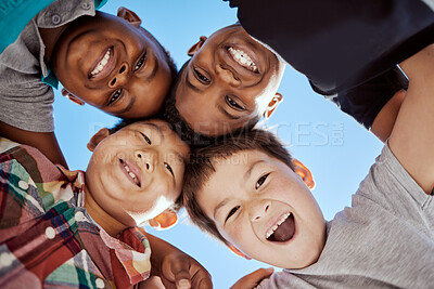 Buy stock photo Kids, face and happy with friends group, diversity and support with trust and together bonding outdoor. Team, community and boy children smile with happiness, care and connection in friendship 