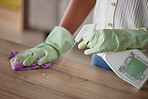 Cleaning spray, wiping and hands of a cleaner on a table for dust, housekeeping service and morning routine. Dirt, hygiene and woman with liquid detergent for a sanitary counter for a fresh home