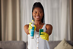 Black woman, portrait and cleaning spray for living room spring cleaning, home maintenance or cleaning service. Young African girl, bacteria products and housekeeper cleaner for apartment safety