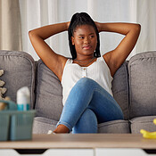 Relax, peace and thinking black woman cleaning the living room, content ...