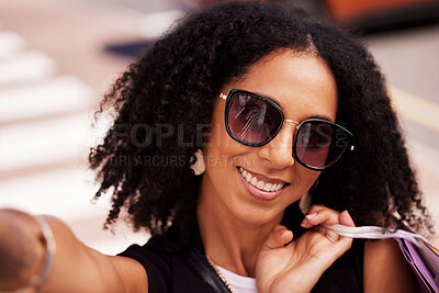 Buy stock photo Shopping, bags and selfie with black woman in city for retail therapy, spree and boutique products. Social media, consumer and purchase with girl customer buying for clothes, expensive and store