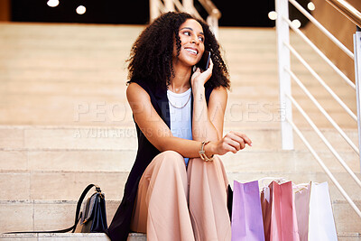 Buy stock photo Smile, shopping phone call and woman at a mall for a sale, fashion and retail with a phone. Ecommerce, happy and thinking girl on a mobile conversation with shopping bags after a shopping spree