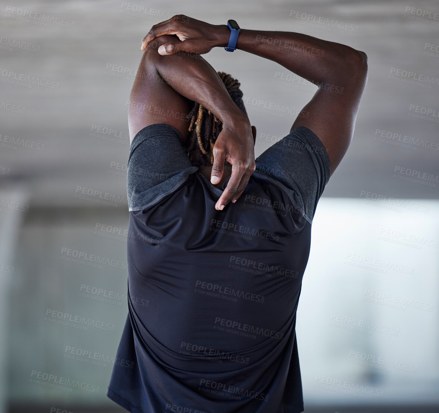 Buy stock photo Black man, back and stretching fitness outdoor for sports workout, training warm up and runner exercise motivation. African athlete, arms stretch and cardio performance wellness or body muscle care