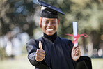 Portrait, black woman and thumbs up for graduation, university and success with certificate. African American female, girl and hand for goal, achievement and degree for education, smile and graduate