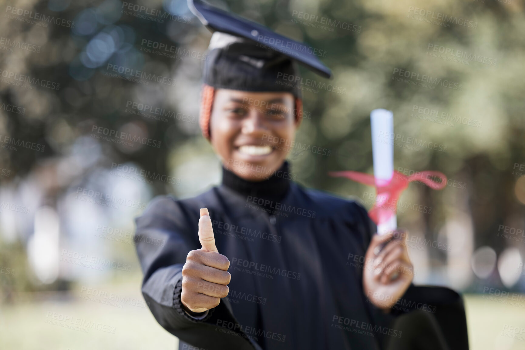 Buy stock photo Portrait, black woman and thumbs up for graduation, university and success with certificate. African American female, girl and hand for goal, achievement and degree for education, smile and graduate