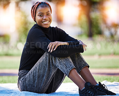 Buy stock photo Black woman, portrait or relax on campus park, nature garden or environment field in college, university or school study. Smile, happy student or graduate with learning goals or education scholarship