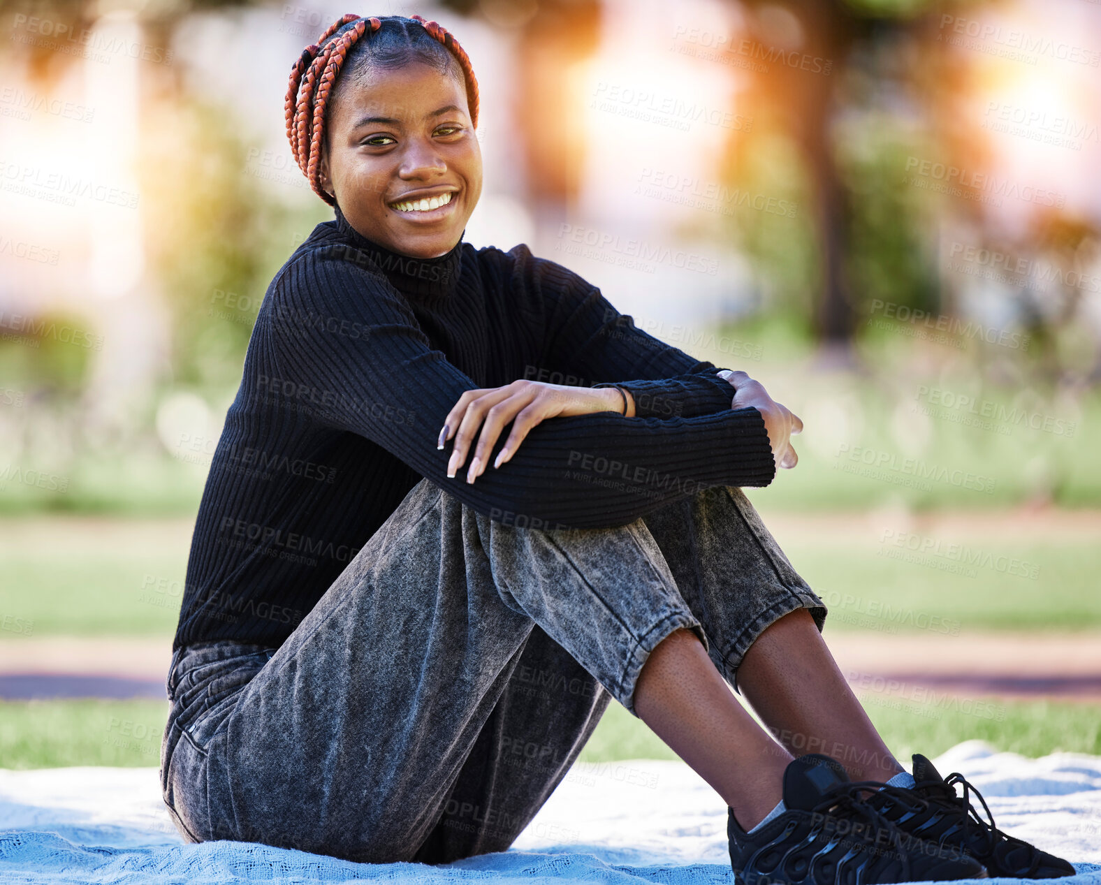 Buy stock photo Black woman, portrait or relax on campus park, nature garden or environment field in college, university or school study. Smile, happy student or graduate with learning goals or education scholarship