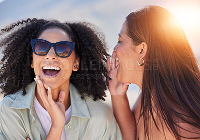 Buy stock photo Girl friends, whisper and happy communication of a woman with a secret laughing outdoor. Lens flare, friend conversation and summer holiday travel of people talking about a gossip story on vacation