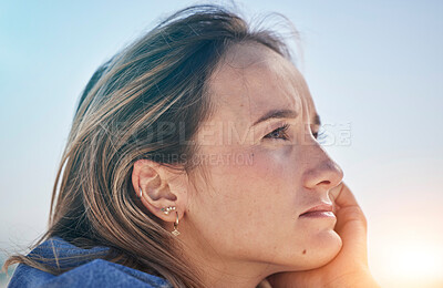 Buy stock photo Thinking woman, stress face or depression in nature environment or climate change vision, ideas or innovation. Zoom, mental health or anxiety mind burnout for person by beach in global warming crisis