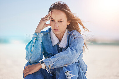 Buy stock photo Thinking woman, stress or depression by beach, ocean environment or sea nature and climate change ideas, vision or innovation. Mental health, anxiety or mind burnout for person in global warming help