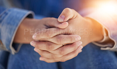 Buy stock photo Hands, fingers crossed and prayer, spiritual meditation for woman with hope, trust in god and worship. Mindfulness, peace and meditate, religious thinking with lady praying and faith in religion.