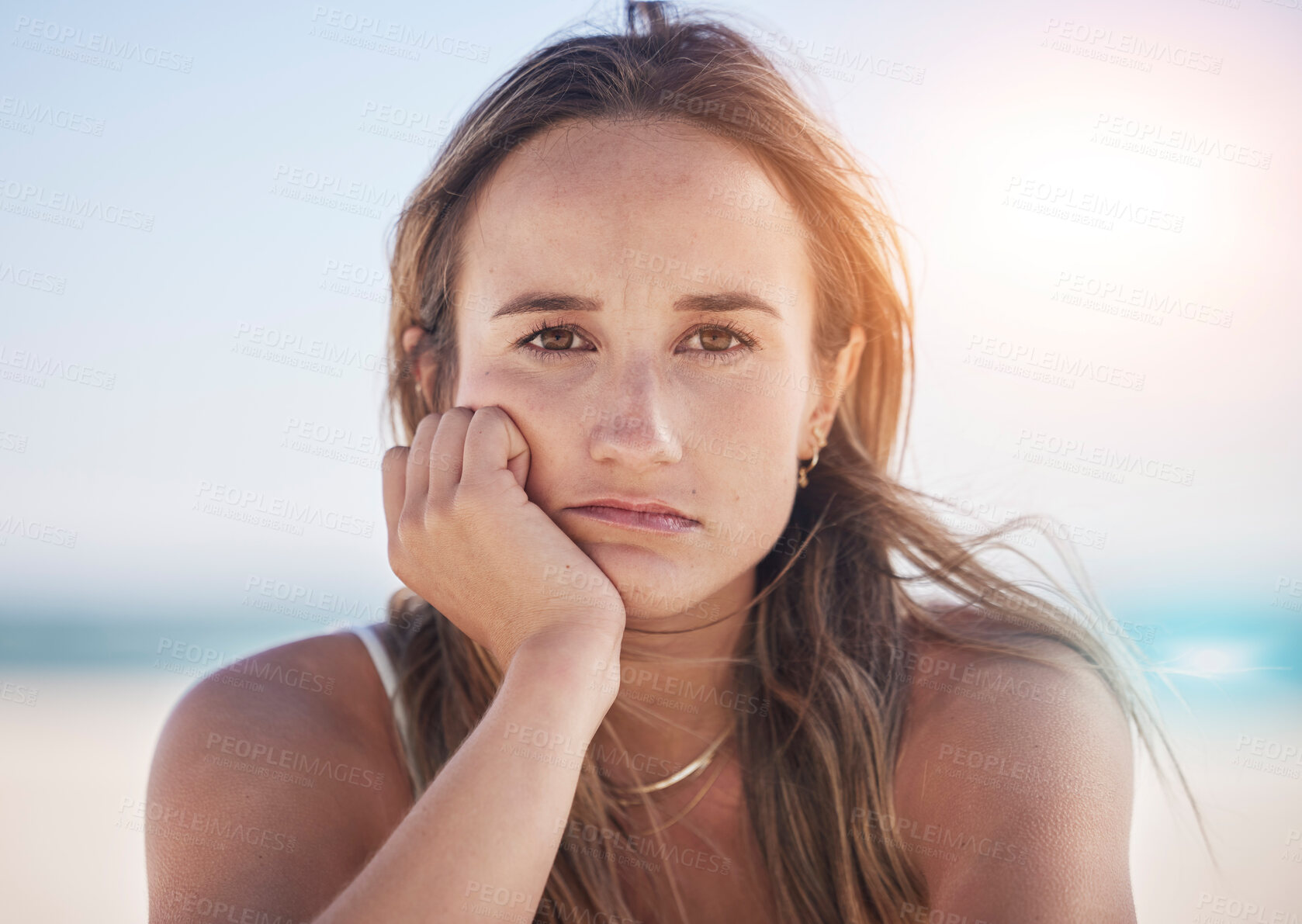 Buy stock photo Sad, thinking and depression with portrait woman at beach feeling stress, exhausted and problems. Mental health, crisis and anxiety with face of girl alone with frustrated, worry and confused at sea