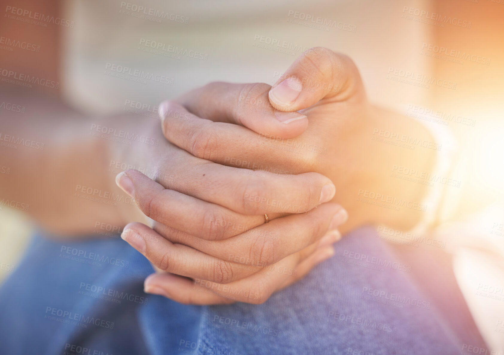 Buy stock photo Woman, hands clasped and nervous depression, anxiety or mental health in psychology crisis, problem or bipolar risk. Zoom, prayer fingers or person with stress, burnout counseling help or mind trauma