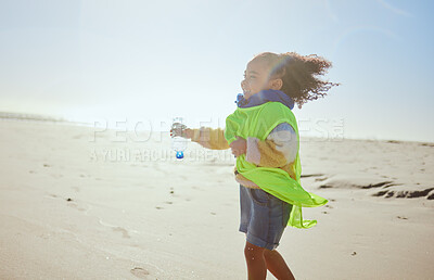 Buy stock photo Plastic, beach and child recycling for earth day, planet or climate change education, learning and volunteering support for nonprofit. Recycle, environment and girl or kid with bottle for pollution