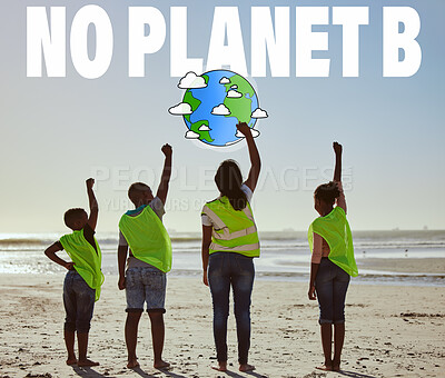 Buy stock photo Community, support and hands of volunteer at the beach for cleaning, recycling and earth day. Teamwork, charity and climate change with fist of people for environment, recycle and sustainability