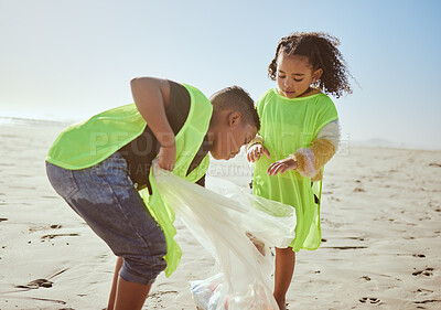 Buy stock photo Plastic bag, beach and children recycling for earth day, planet or community education, learning or volunteering support in nonprofit. Recycle, environment and family kids with teamwork for pollution