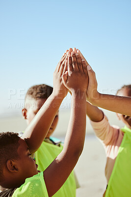 Buy stock photo Friends, hands and children high five in support of community, teamwork and clean up project. Kids, hand and huddle for collaboration by volunteer team gathering for help, motivation and solidarity