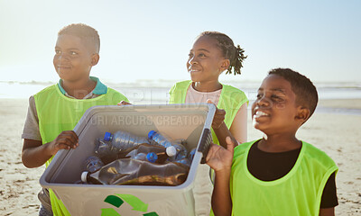 Buy stock photo Environment, kids and cleaning beach, eco friendly and waste management for sustainability, awareness and recycle. Volunteer, children and seaside to pick up trash, ocean pollution and global warming