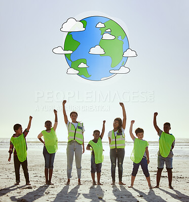 Buy stock photo Support, earth day and portrait of children at the beach for cleaning, sustainability and digital earth in Peru. Eco friendly, volunteer and group of kids working to clean the sea with teamwork